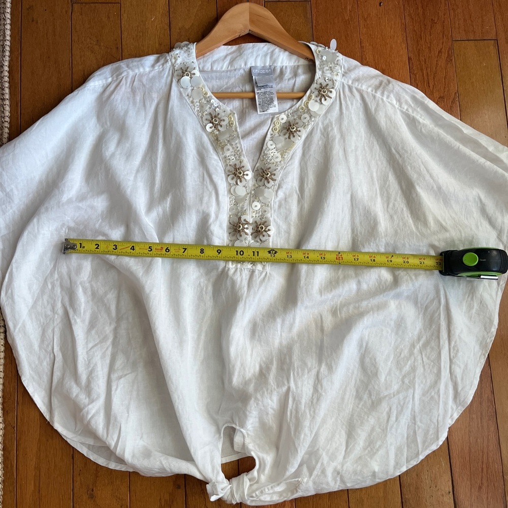 Chicos Boho Beaded Tie Front Blouse Linen Blend Beachy Top Soze Medium - Picture 8 of 8